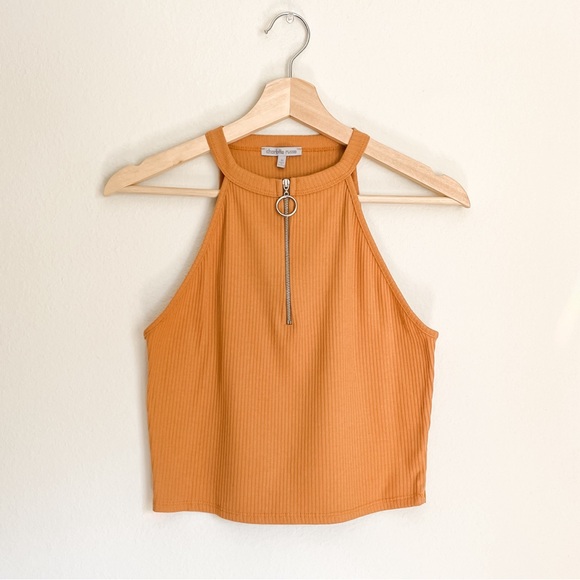 Charlotte Russe Women’s Yellow Halter Tank Top Summer Quarter Zip Crop Top - Picture 2 of 6